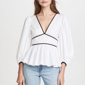 Staud | NWT Luna Contrast Peplum V-Neck Open Back Top in White & Black